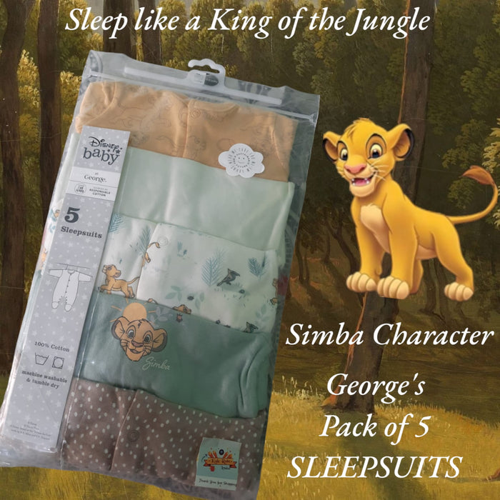 Brand: George | Pack of 5 Sleepsuits | 0-3 Months | Simba Character