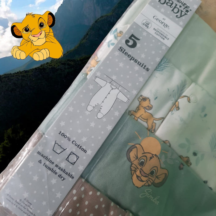 Brand: George | Pack of 5 Sleepsuits | 0-3 Months | Simba Character