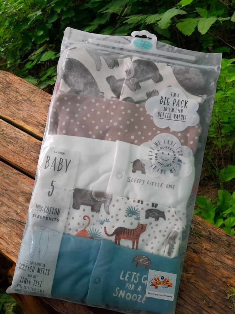Brand: George | Pack of 5 Sleepsuits | 0-3 Months | Animal design