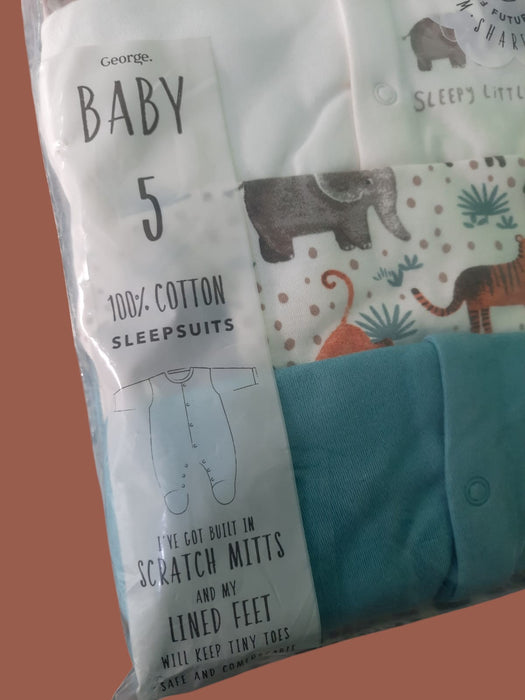 Brand: George | Pack of 5 Sleepsuits | 0-3 Months | Animal design