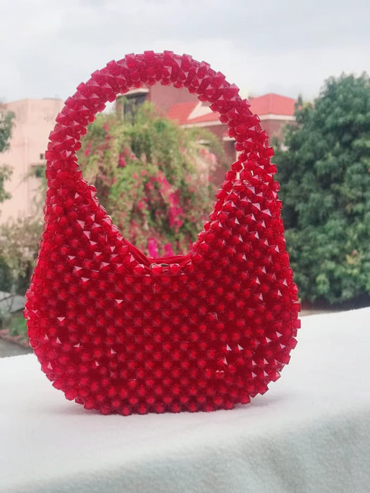 Handcrafted Red Beaded Clutch – Elegant Evening Bag with Intricate Design