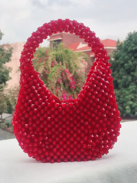 Handcrafted Red Beaded Clutch – Elegant Evening Bag with Intricate Design