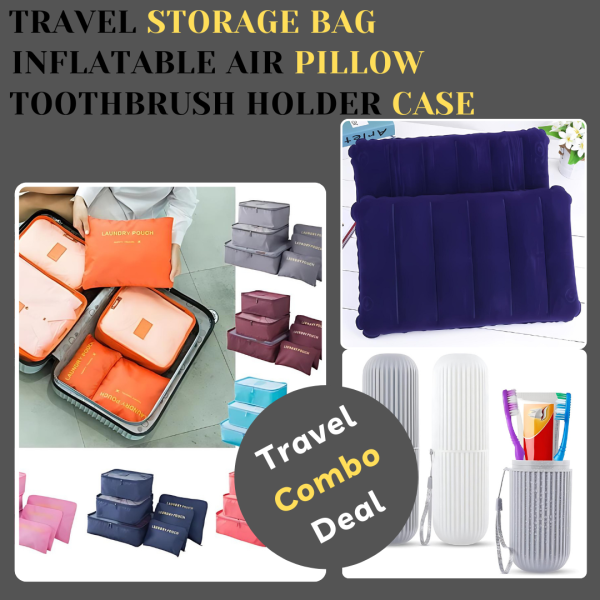 Travel Combo Deal – 6 Pcs Travel Clothes Storage Bag Pouch | Inflatable Air Pillow Cushion | Portable Toothbrush Holder Case ( Random Color )