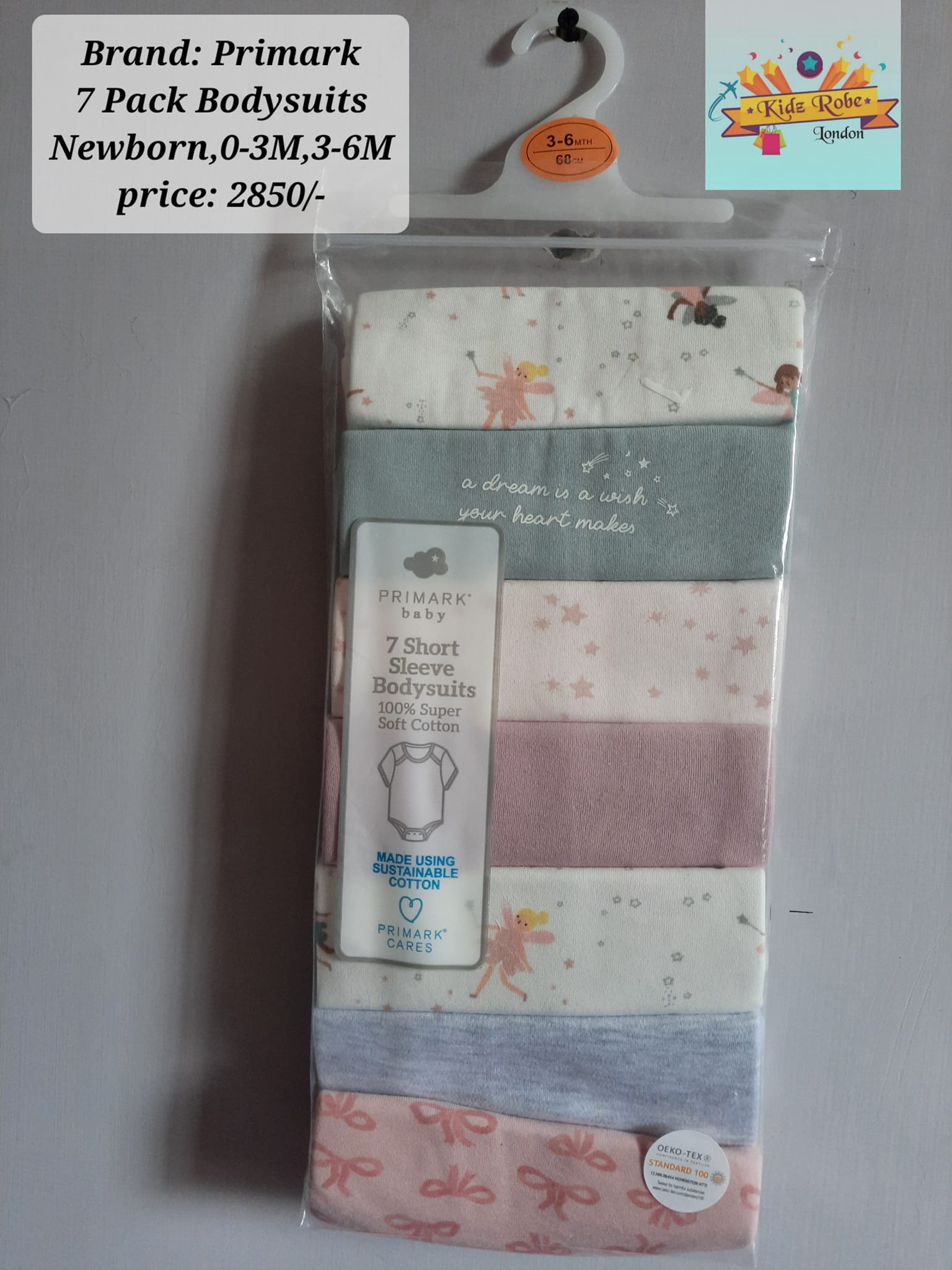 Brand:PRIMARK, Pack of 7 Girlish half sleeves bodysuits.