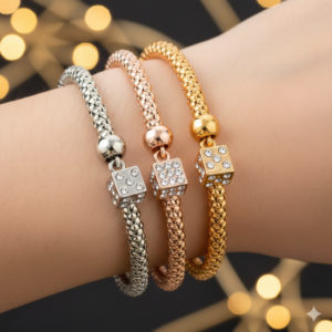 3-Piece Premium Mesh Chain Bracelet Set with Dice Charm– Gold, Silver & Rose Gold